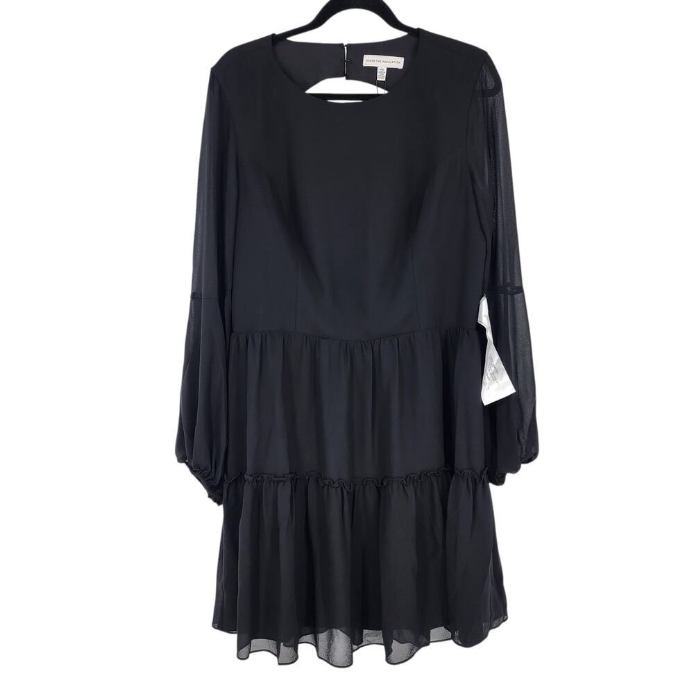 NWT Dress The Population Paola Open Back Black Ruffle Long Sleeve Dress Size 2XL